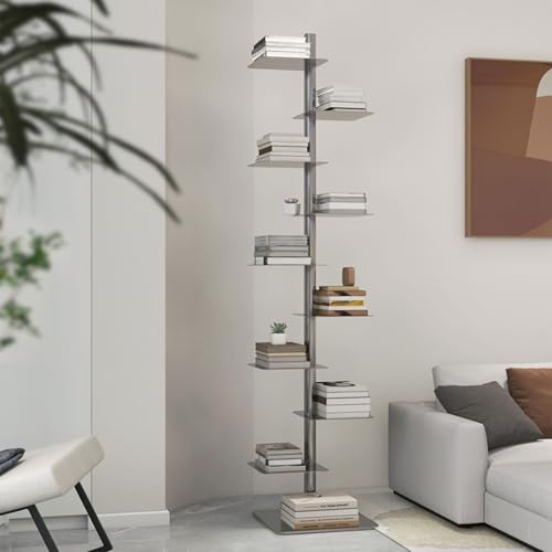 Drehbares Bücherregal, platzsparender Cubby-Aufbewahrungs-Organizer, Bücherturm aus Metall mit vertikalem Rücken, einfaches Design, Standhöhe nur 15,7 Zoll, DIY-Regal für Dekoration, Grau von MESCXTY