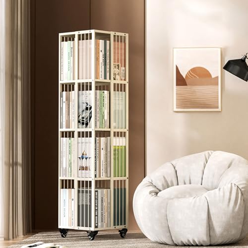 Drehbares Bücherregal aus Metall, 4-stufiges kleines schmales Eck-360°-Design, Bücherregal für Räume, bodenstehende kleine quadratische Bücherregale mit 4 Ebenen von MESCXTY