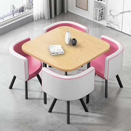 Esszimmertisch und Stühle, 4 moderne Couchtisch-Set, modernes Esstisch-Set, Comedor Moderno, rundes Esszimmertisch-Set, mit 4 gepolsterten Stühlen (Natur quadratischer Tisch & 4 rosa-weißer Stuhl) Esszimmertisch und Stühle, 4 moderne Couchtisch-Set, modernes Esstisch-Set, Comedor Moderno, rundes Esszimmertisch-Set, mit 4 gepolsterten Stühlen (Natur quadratischer Tisch & 4 rosa-weißer Stuhl) von MESCXTY