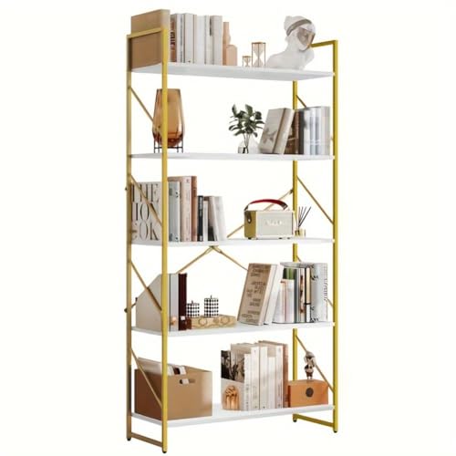 Freistehendes Bücherregal, offene Regale zur Aufbewahrung und Organisation, 5-stöckiges Bücherregal, goldenes Bücherregal, für Schlafzimmer, Wohnzimmer und Home Office, goldenes Weiß, hohes Bücherreg von MESCXTY