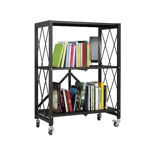 Industrielles, zusammenklappbares Etagere-Bücherregal aus Metall, offen mit Lenkrollen, installationsfreies Regal, Bodenlagerregal, Balkon, abnehmbar, Schwarz, 28,1" L x 14,4" B, 34,3" H von MESCXTY