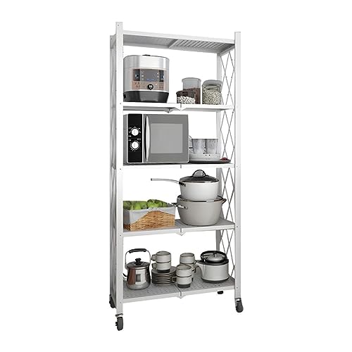 Industrielles, zusammenklappbares Etagere-Bücherregal aus Metall, offen mit Lenkrollen, installationsfreies Regal, Bodenregal, Balkon, abnehmbar, weiß, 61 cm L x 36 cm B, 163 cm H von MESCXTY
