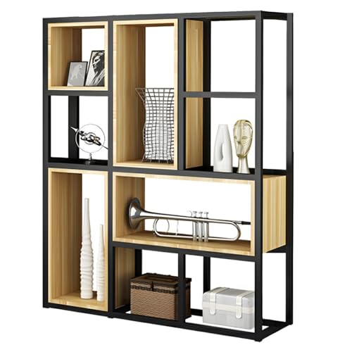Industrielles Bücherregal aus Holz im Würfel-Design mit Regalen und offener Rückseite, Bücherregal aus Eisen, Bodenregal aus Stahl, mehrschichtiges Lagerregal, Büro-Trennwand, Display, naturfarben, 1 von MESCXTY
