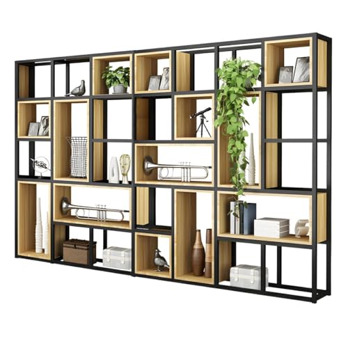 Industrielles Bücherregal aus Holz im Würfel-Design mit Regalen und offener Rückseite, Bücherregal aus Eisen, Bodenregal aus Stahl, mehrschichtiges Lagerregal, Büro-Trennwand, Display, naturfarben, 2 von MESCXTY