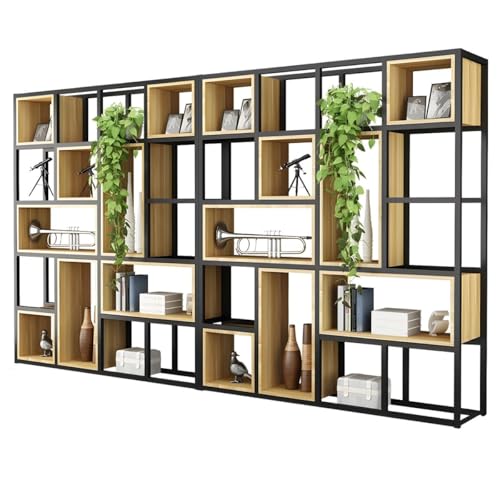 Industrielles Bücherregal aus Holz im Würfel-Design mit Regalen und offener Rückseite, Bücherregal aus Eisen, Bodenregal aus Stahl, mehrschichtiges Lagerregal, Büro-Trennwand, Display, Natur, 320 cm von MESCXTY