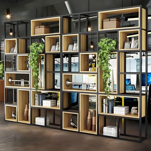 Industrielles Bücherregal aus Holz im Würfel-Design mit Regalen und offener Rückseite, Bücherregal aus Eisen, Bodenregal aus Stahl, mehrschichtiges Lagerregal, Büro-Trennwand, Display, Natur, 320 cm von MESCXTY