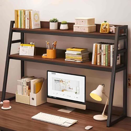 Leiter-Bücherregal für Computertisch, 2-stufig, 3-stufig, Schreibtischaufsatz für Studentenwohnheime, Schreibtisch-Bücherregal-Organizer, Stahlrahmen, mit Montagewerkzeugen, dunkles Walnussholz, H 65 von MESCXTY