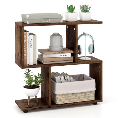 MESCXTY 2-stöckiges Bücherregal, freistehend, S-förmiges Regal aus Holz, Lagerregal, braun, offene Regale, Nachttisch, Bodenbücherregal von MESCXTY