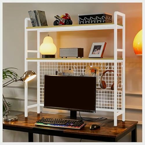 MESCXTY 2-stöckiges Schreibtischregal, Bücherregal mit Metallrahmen und Gitterplatte, Mehrzweck-Schreibtischregal aus Holz für Computertisch, Organizer, Büro, Arbeitszimmer, Schlafzimmer von MESCXTY