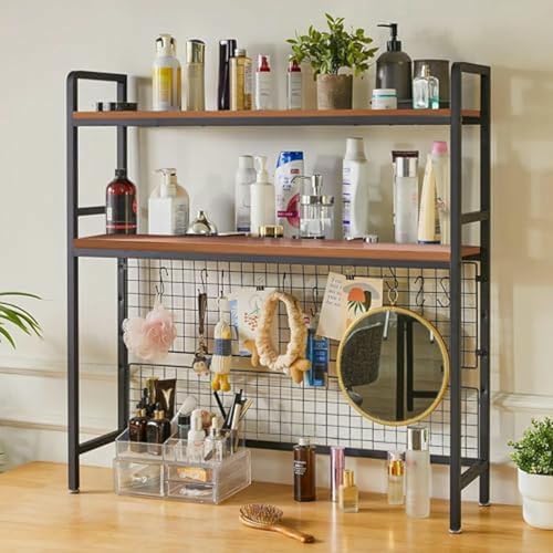 MESCXTY 2-stöckiges Schreibtischregal, Bücherregal mit Metallrahmen und Gitterplatte, Mehrzweck-Schreibtischregal aus Holz für Computertisch, Organizer, Büro, Arbeitszimmer, Schlafzimmer von MESCXTY