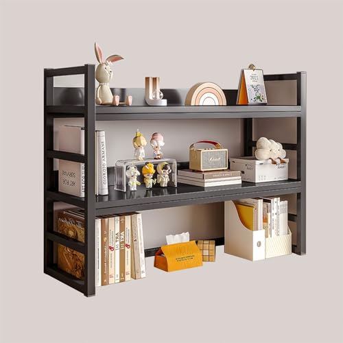 MESCXTY 3-stöckiges Schreibtisch-Bücherregal, Schreibtischaufsatz aus Holz für Wohnheime mit Metallrahmen, niedriges Mehrzweck-Organizer-Regal für Büro, Arbeitszimmer (schwarz) von MESCXTY