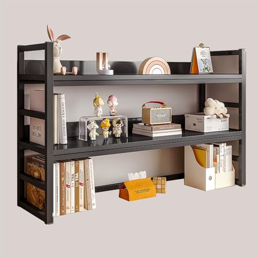 MESCXTY 3-stöckiges Schreibtisch-Bücherregal, Schreibtischaufsatz aus Holz für Wohnheime mit Metallrahmen, niedriges Mehrzweck-Organizer-Regal für Büro, Arbeitszimmer (schwarz) von MESCXTY