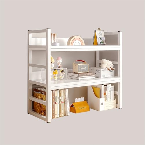 MESCXTY 3-stöckiges Schreibtisch-Bücherregal, Schreibtischaufsatz aus Holz für Wohnheime mit Metallrahmen, niedriges Mehrzweck-Organizer-Regal für Büro, Arbeitszimmer (weiß) von MESCXTY