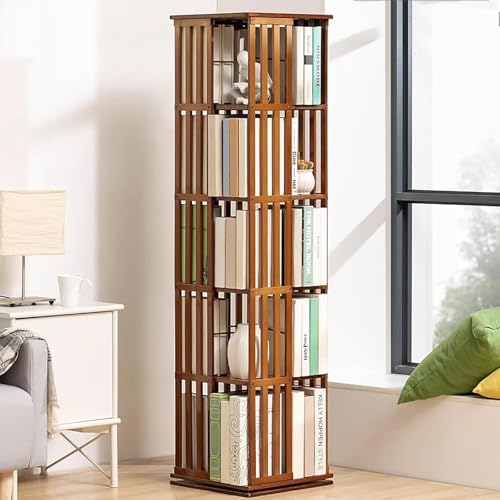 MESCXTY 360° drehbarer Bücherregalturm, drehbares Bücherregal aus Bambus, drehbares Eckregal, bodenstehendes Bücherregal für das Home-Office-Klassenzimmer (5 Ebenen, braun) von MESCXTY