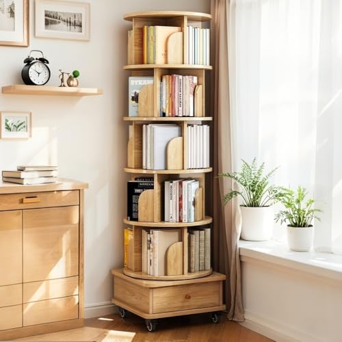 MESCXTY 360° drehbares Bücherregal mit 6 Ebenen, mit Schublade und Rollen, hohes Bücherregal für kleine Räume, Eckregal für Schlafzimmer, Wohnzimmer, Büro, Bücherregal aus Holz, Natur MESCXTY 360° drehbares Bücherregal mit 6 Ebenen, mit Schublade und Rollen, hohes Bücherregal für kleine Räume, Eckregal für Schlafzimmer, Wohnzimmer, Büro, Bücherregal aus Holz, Natur von MESCXTY