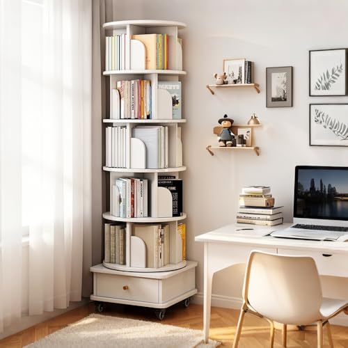MESCXTY 360° drehbares Bücherregal mit 6 Ebenen, mit Schublade und Rollen, hohes Bücherregal für kleine Räume, Eckregal für Schlafzimmer, Wohnzimmer, Büro, Bücherregal aus Holz, weiß von MESCXTY