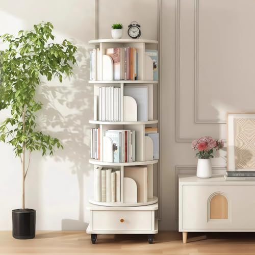 MESCXTY 360° drehbares Bücherregal mit Schublade und Rollen, 5-stöckiges hohes Bücherregal für kleine Räume, Eckregal für Schlafzimmer, Wohnzimmer, Büro, Holzbücherregal, weiß von MESCXTY
