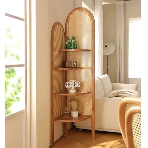 MESCXTY 4-stöckiges Rattan-Bücherregal, freistehender Eckschrank, dreieckiges Regal, Wandregal mit Massivholzrahmen für Wohnzimmer, Schlafzimmer, Büro,D von MESCXTY