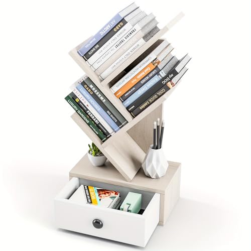 MESCXTY 5-stöckiges Baum-Bücherregal mit Holzschublade, Aufbewahrungsregal, Beige, kleines Bücherregal für Bücher, Zeitschriften, Mehrzweckregale, Wohnzimmer, Arbeitszimmer, Schlafzimmer, Büro von MESCXTY