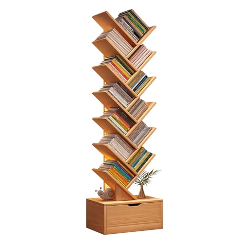 MESCXTY Baum-Bücherregal, Hohes Bücherregal mit Schublade, Ausstellungsboden-Lagerregal, Freies Holz für Enge Räume, Bücherregale für das Home Office, Wohnzimmer, Holz, 6. Stock von MESCXTY
