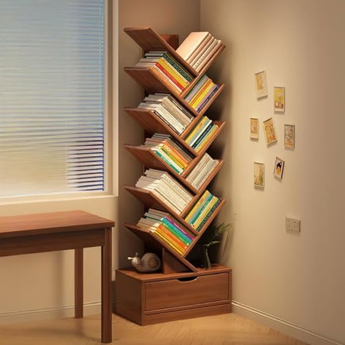MESCXTY Baum-Bücherregal, Hohes Bücherregal mit Schublade, Ausstellungsboden-Lagerregal, Freies Holz für Enge Räume, Bücherregale für das Home Office, Wohnzimmer, Walnuss, 10. Stock von MESCXTY
