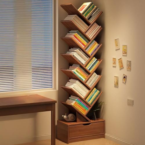 MESCXTY Baum-Bücherregal, Hohes Bücherregal mit Schublade, Ausstellungsboden-Lagerregal, Freies Holz für Enge Räume, Bücherregale für das Home Office, Wohnzimmer, Walnuss, 12. Stock von MESCXTY