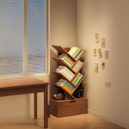 MESCXTY Baum-Bücherregal, Hohes Bücherregal mit Schublade, Ausstellungsboden-Lagerregal, Freies Holz für Enge Räume, Bücherregale für das Home Office, Wohnzimmer, Walnuss, 6. Stock von MESCXTY