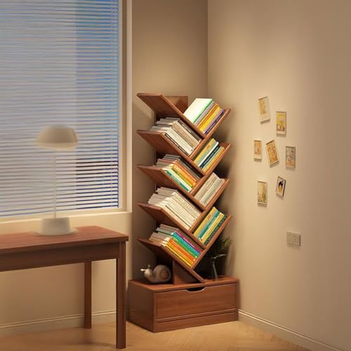 MESCXTY Baum-Bücherregal, Hohes Bücherregal mit Schublade, Ausstellungsboden-Lagerregal, Freies Holz für Enge Räume, Bücherregale für das Home Office, Wohnzimmer, Walnuss, 8. Stock von MESCXTY