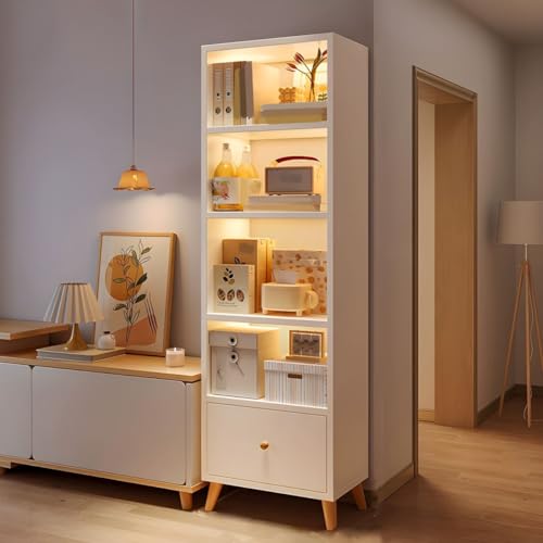 MESCXTY Bücherregal, Moderne Vitrine mit Schubladen und geschlossener Rückseite, Aufbewahrungsschrank aus Holz, freistehendes Bücherregal für das Home Office, ohne Türen, weiß, 19,5" L x 12" B 71" H von MESCXTY