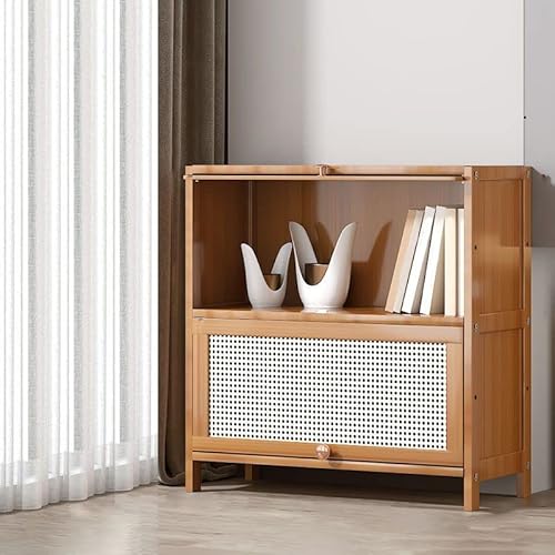 MESCXTY Bücherregal aus Holz, 2-stöckig, Bambus, Hellbraun, modernes Standard-Bücherregal, rechteckige Regale mit Türen für Schlafzimmer, Büro, Küche, Wohnzimmer (27,6" L x 13" T 28,7" H) von MESCXTY