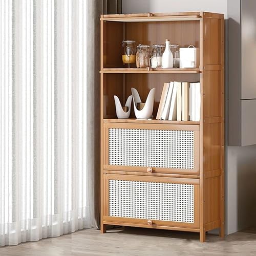 MESCXTY Bücherregal aus Holz, 4-stöckiges hellbraunes Bambus-Bücherregal, modernes Standard-Bücherregal, rechteckige Regale mit Türen für Schlafzimmer, Büro, Küche, Wohnzimmer (27,6" L x 13" T 55" H) von MESCXTY
