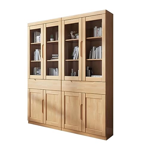 MESCXTY Bücherregal im modernen Stil, Massivholz mit Glastür, Bücherregal für Büro, Arbeitszimmer, RubberWood, Gummi-Aktenschrank, Natur, 160 cm L x 32 cm B, 196 cm H von MESCXTY