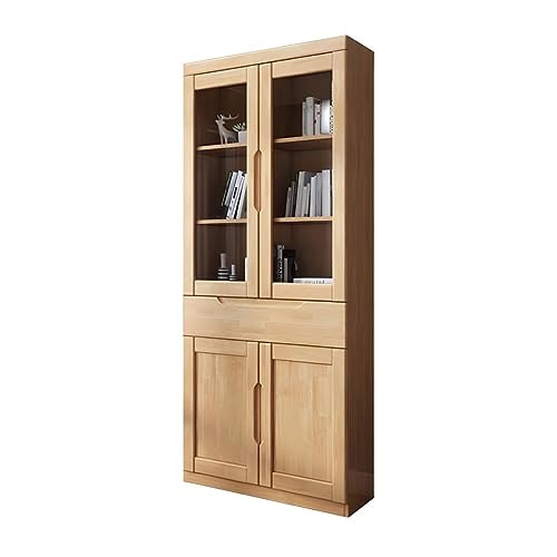 MESCXTY Bücherregal im modernen Stil aus Massivholz mit Glastür, Bücherregal für Büro, Arbeitszimmer, RubberWood, Aktenschrank aus Gummi, Natur, 80 cm L x 32 cm B, 196 cm H von MESCXTY