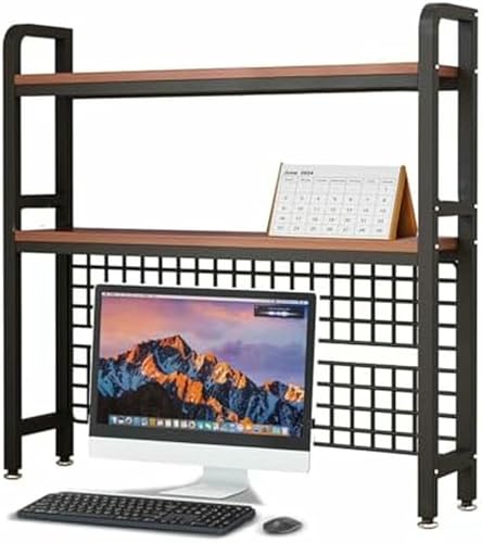 MESCXTY Computer-Desktop-Bücherregal, 2-stöckiges Bücherregal aus Holz für Schreibtisch, Arbeitsplatte, Ausstellungsregal, Aufbewahrungs-Organizer mit Metallrahmen und Gitterplatte von MESCXTY