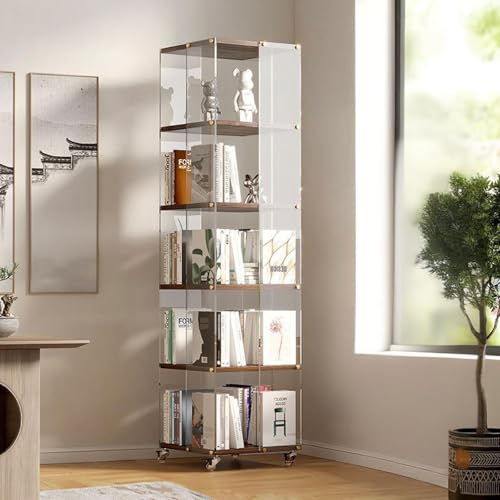 MESCXTY Drehbares Bücherregal, 3/4/5-stöckiges Bücherregal aus Acryl, mit transparenten Platten und 360°-Lenkrollen, durchsichtige Standvitrine, Bücherregal aus Holz mit 5. Rad von MESCXTY