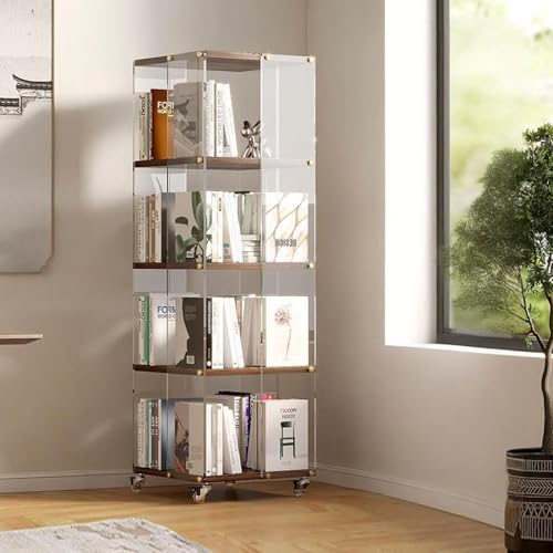 MESCXTY Drehbares Bücherregal, 3/4/5-stöckiges Bücherregal aus Acryl, mit transparenten Platten und 360°-Lenkrollen, durchsichtige Standvitrine, Bücherregal aus Holz mit Rad 4 von MESCXTY