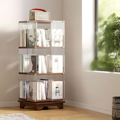 MESCXTY Drehbares Bücherregal, 3/4/5-stöckiges Bücherregal aus Acryl, mit transparenten Platten und 360°-Lenkrollen, durchsichtige Standvitrine, Bücherregalbasis aus Holz 3. von MESCXTY