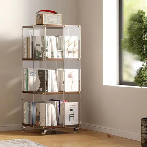 MESCXTY Drehbares Bücherregal, 3/4/5-stöckiges Bücherregal aus Acryl, mit transparenten Platten und 360°-Lenkrollen, durchsichtige Standvitrine, Bücherregalrad aus Holz, 3. von MESCXTY