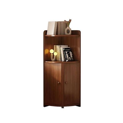 MESCXTY Eckbücherregal mit 2 Ebenen, L-förmiges Bücherregal aus Holz mit kleinem Schrank, dekorative Ausstellungsregale für Wohnzimmer, Schlafzimmer, Arbeitszimmer, Büro (braun) von MESCXTY