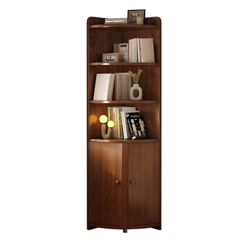 MESCXTY Eckbücherregal mit 4 Ebenen, L-förmiges Bücherregal aus Holz mit kleinem Schrank, dekorative Ausstellungsregale für Wohnzimmer, Schlafzimmer, Arbeitszimmer, Büro (braun) von MESCXTY
