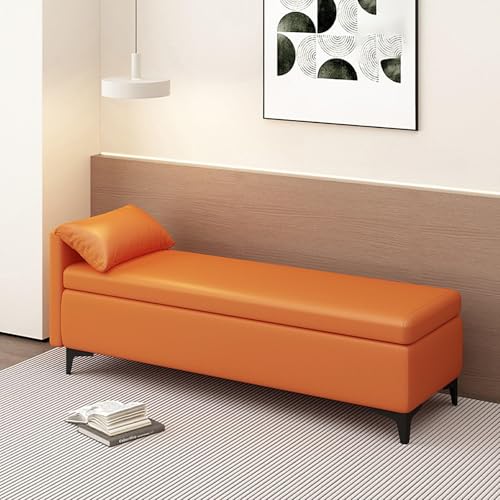 MESCXTY End of Bed Storage Bench with Pillow,Upholstered Sofa Ottoman Bench Long Narrow Bench for Entryway,Faux Leather Ottoman Storage Chest with Storage(100x40x40cm, Orange) von MESCXTY