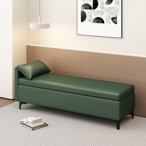 MESCXTY End of Bed Storage Bench with Pillow,Upholstered Sofa Ottoman Bench Long Narrow Bench for Entryway,Faux Leather Ottoman Storage Chest with Storage(130x40x40cm, Dark Green) von MESCXTY
