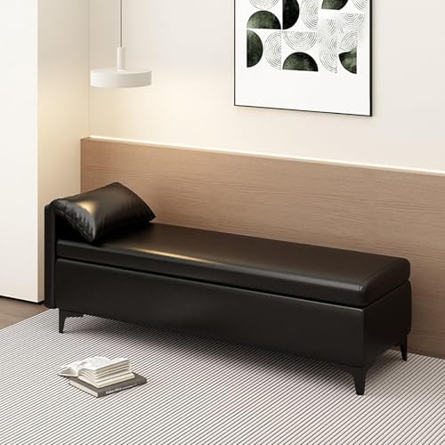 MESCXTY End of Bed Storage Bench with Pillow,Upholstered Sofa Ottoman Bench Long Narrow Bench for Entryway,Faux Leather Ottoman Storage Chest with Storage(150x40x40cm, Black) von MESCXTY
