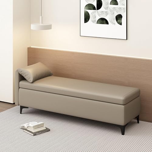 MESCXTY End of Bed Storage Bench with Pillow,Upholstered Sofa Ottoman Bench Long Narrow Bench for Entryway,Faux Leather Ottoman Storage Chest with Storage(160x45x40cm, Camel) von MESCXTY