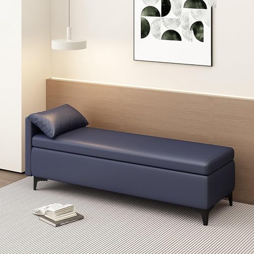 MESCXTY End of Bed Storage Bench with Pillow,Upholstered Sofa Ottoman Bench Long Narrow Bench for Entryway,Faux Leather Ottoman Storage Chest with Storage(170x45x40cm, Dark Blue) von MESCXTY
