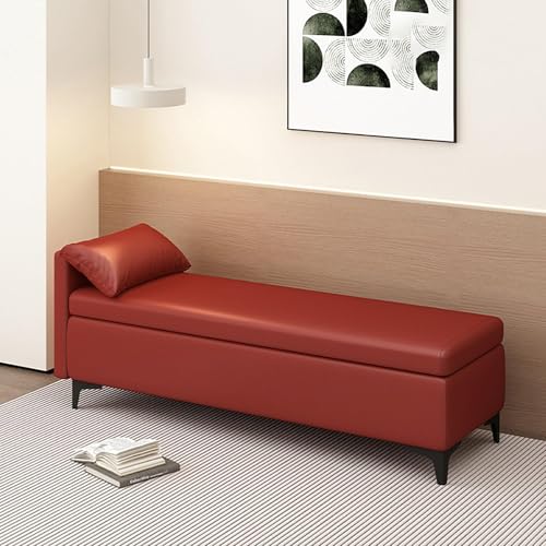 MESCXTY End of Bed Storage Bench with Pillow,Upholstered Sofa Ottoman Bench Long Narrow Bench for Entryway,Faux Leather Ottoman Storage Chest with Storage(180x45x40cm, Wine Red) von MESCXTY