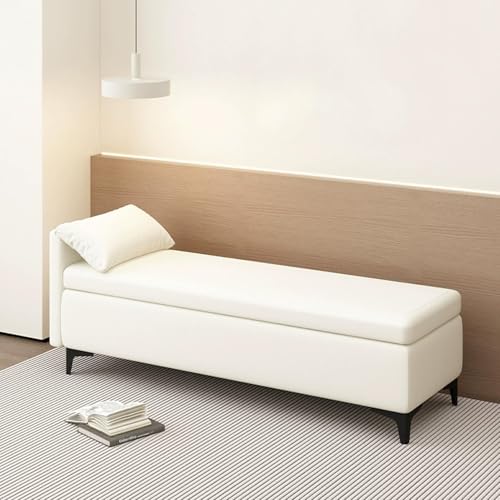 MESCXTY End of Bed Storage Bench with Pillow,Upholstered Sofa Ottoman Bench Long Narrow Bench for Entryway,Faux Leather Ottoman Storage Chest with Storage(80x40x40cm, Off-White) von MESCXTY