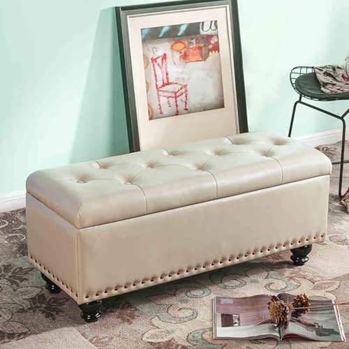 MESCXTY Faux Leather Storage Bench,Button-Tufted Ottoman Bench with Soft Padded Seat,Bedroom Bed End Stool,Change Shoe Bench Footstool for Entryway Living Room(100cm, Beige) von MESCXTY