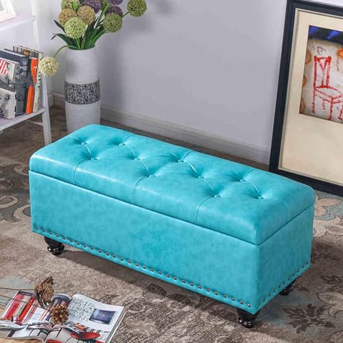 MESCXTY Faux Leather Storage Bench,Button-Tufted Ottoman Bench with Soft Padded Seat,Bedroom Bed End Stool,Change Shoe Bench Footstool for Entryway Living Room(100cm, Blue) von MESCXTY