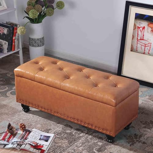 MESCXTY Faux Leather Storage Bench,Button-Tufted Ottoman Bench with Soft Padded Seat,Bedroom Bed End Stool,Change Shoe Bench Footstool for Entryway Living Room(100cm, Brown) von MESCXTY